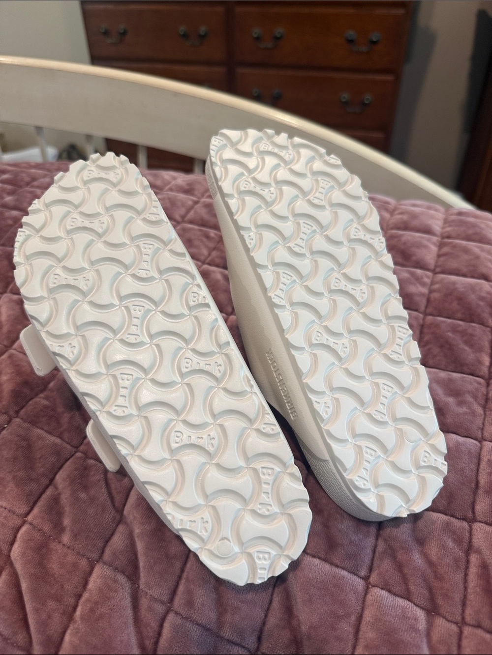 Birkenstock woman’s  White Double-Strap EVA Slide Sandals.  Color: Eggshell - Picture 2 of 3